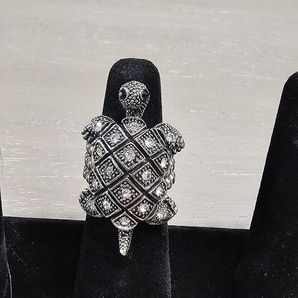 Vintage Marcasite Turtle Stretch Statemint Ring - Picture 1 of 6